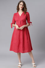 Janasya Women's Red Cotton Checkered Flared Western Dress | Grocsy