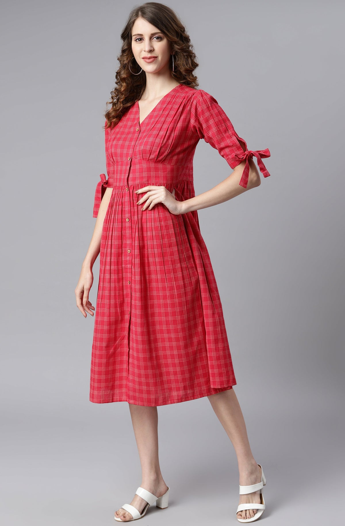 Janasya Women's Red Cotton Checkered Flared Western Dress | Grocsy