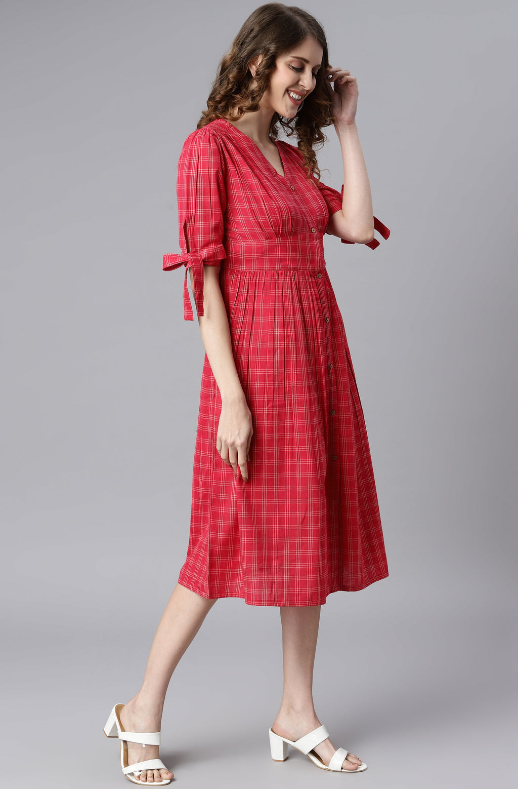 Janasya Women's Red Cotton Checkered Flared Western Dress | Grocsy