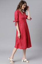 Janasya Women's Red Cotton Checkered Flared Western Dress | Grocsy