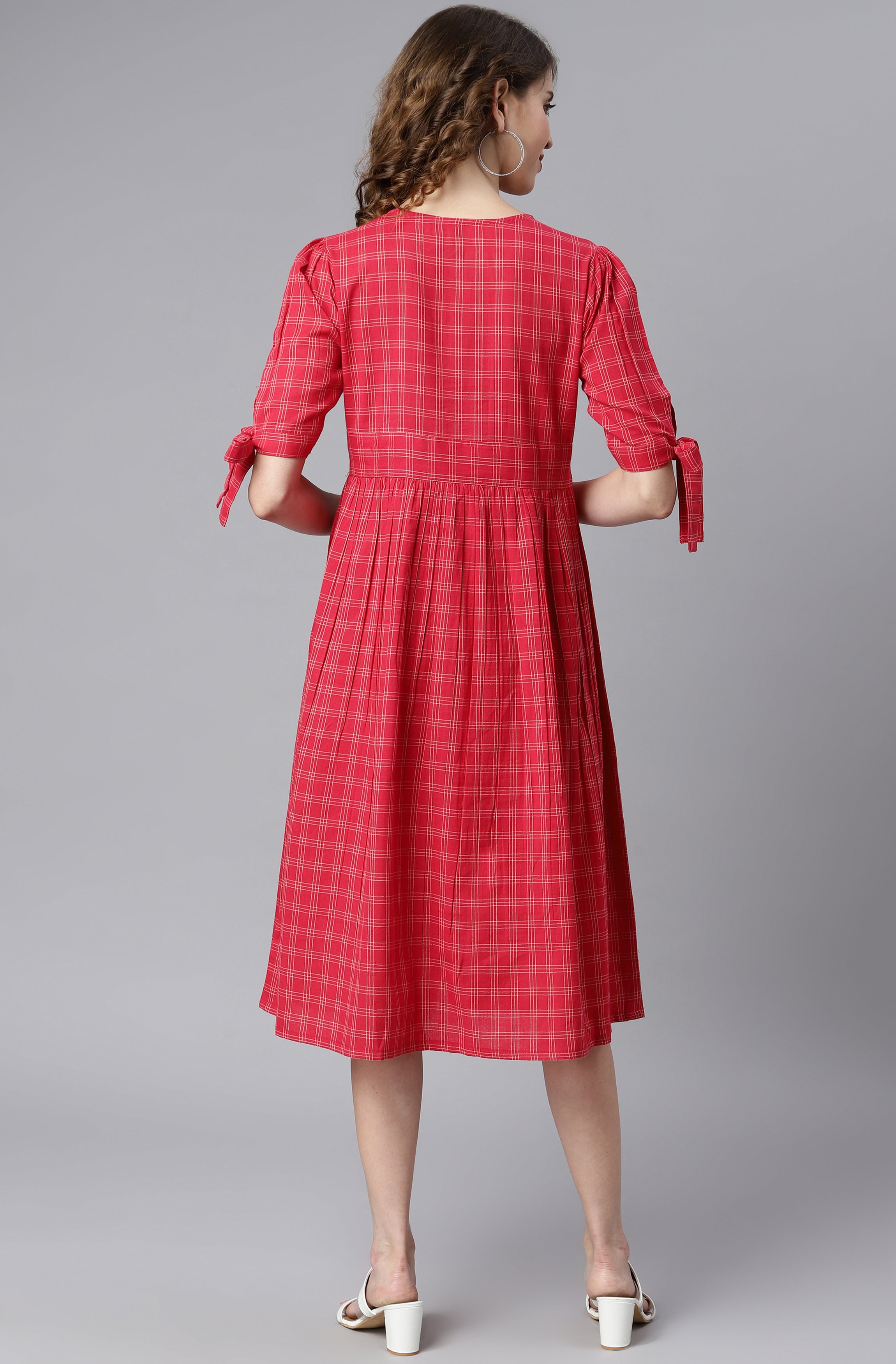 Janasya Women's Red Cotton Checkered Flared Western Dress | Grocsy