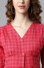 Janasya Women's Red Cotton Checkered Flared Western Dress | Grocsy