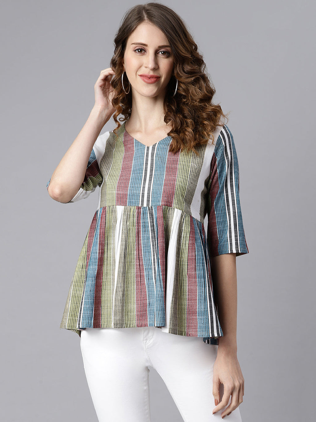 Janasya Women's Multicolor Cotton Striped Gathered Top | Grocsy