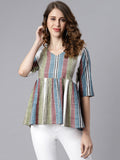 Janasya Women's Multicolor Cotton Striped Gathered Top | Grocsy