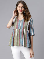 Janasya Women's Multicolor Cotton Striped Gathered Top | Grocsy