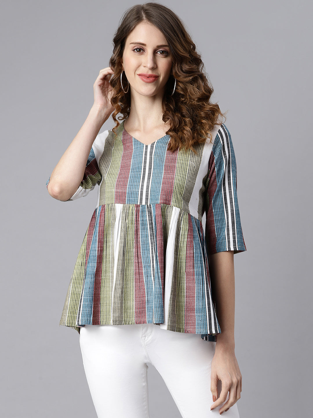 Janasya Women's Multicolor Cotton Striped Gathered Top | Grocsy