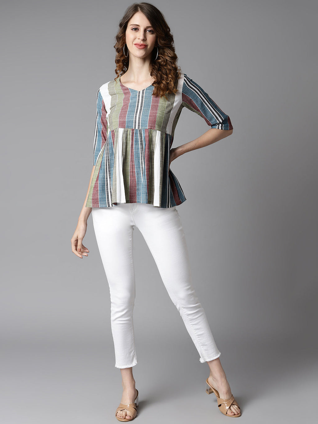 Janasya Women's Multicolor Cotton Striped Gathered Top | Grocsy