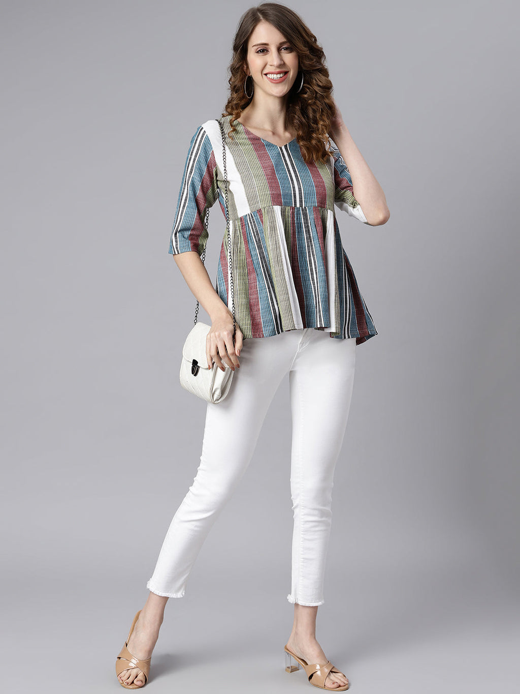 Janasya Women's Multicolor Cotton Striped Gathered Top | Grocsy