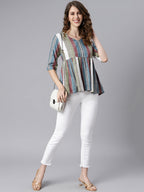 Janasya Women's Multicolor Cotton Striped Gathered Top | Grocsy