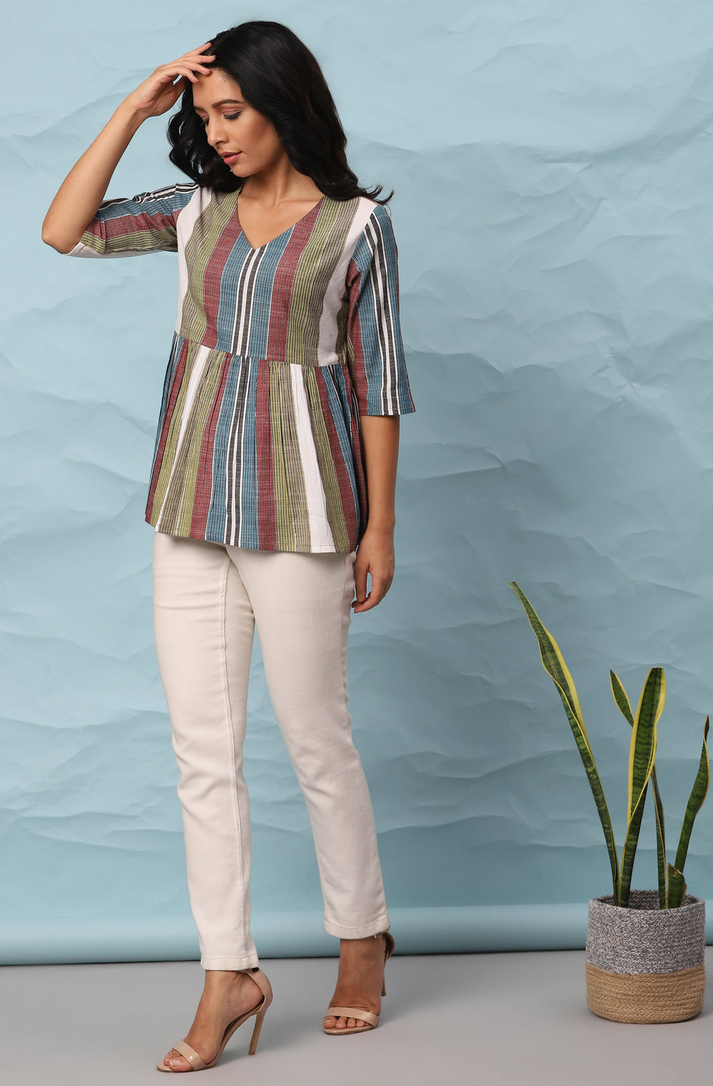 Janasya Women's Multicolor Cotton Striped Gathered Top | Grocsy