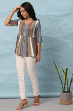 Janasya Women's Multicolor Cotton Striped Gathered Top | Grocsy