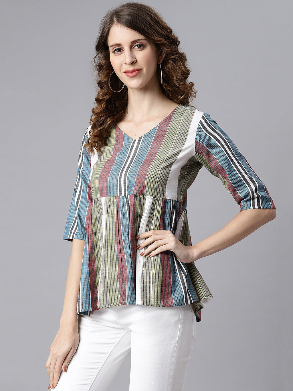 Janasya Women's Multicolor Cotton Striped Gathered Top | Grocsy
