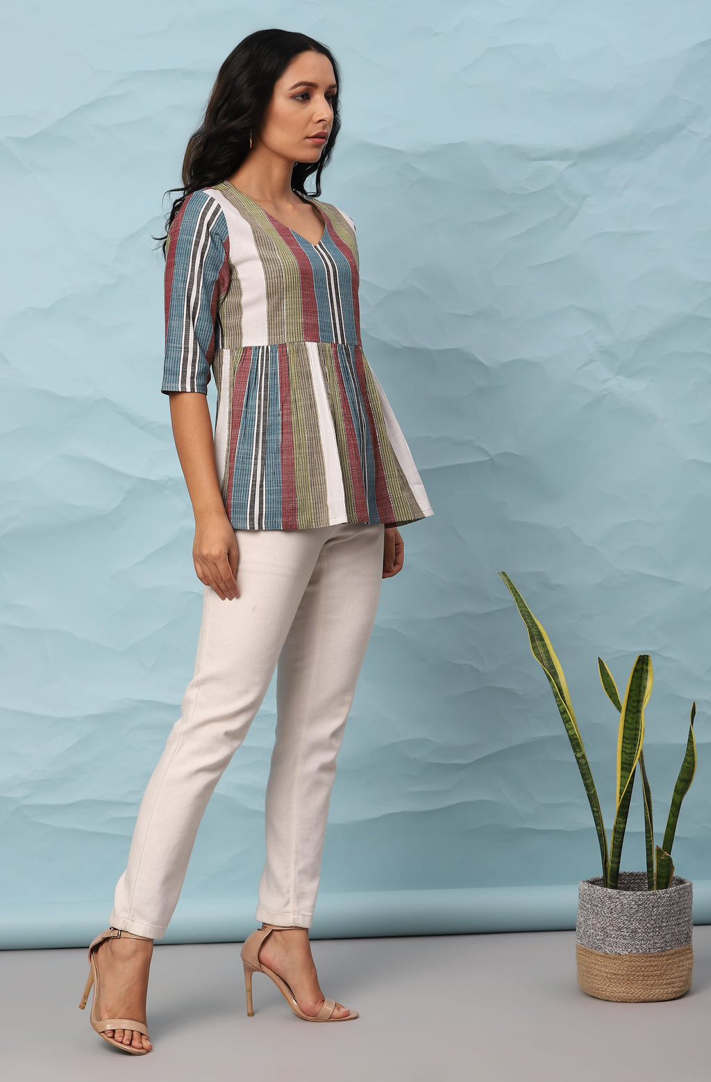 Janasya Women's Multicolor Cotton Striped Gathered Top | Grocsy