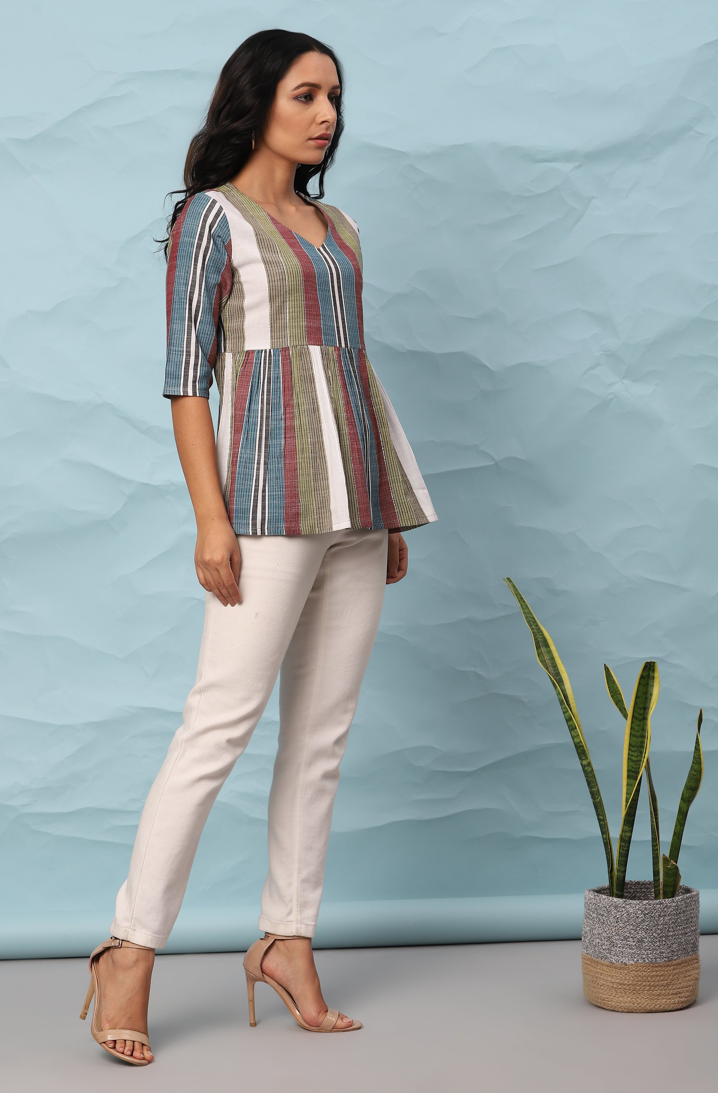 Janasya Women's Multicolor Cotton Striped Gathered Top | Grocsy