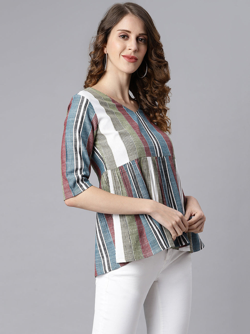 Janasya Women's Multicolor Cotton Striped Gathered Top | Grocsy