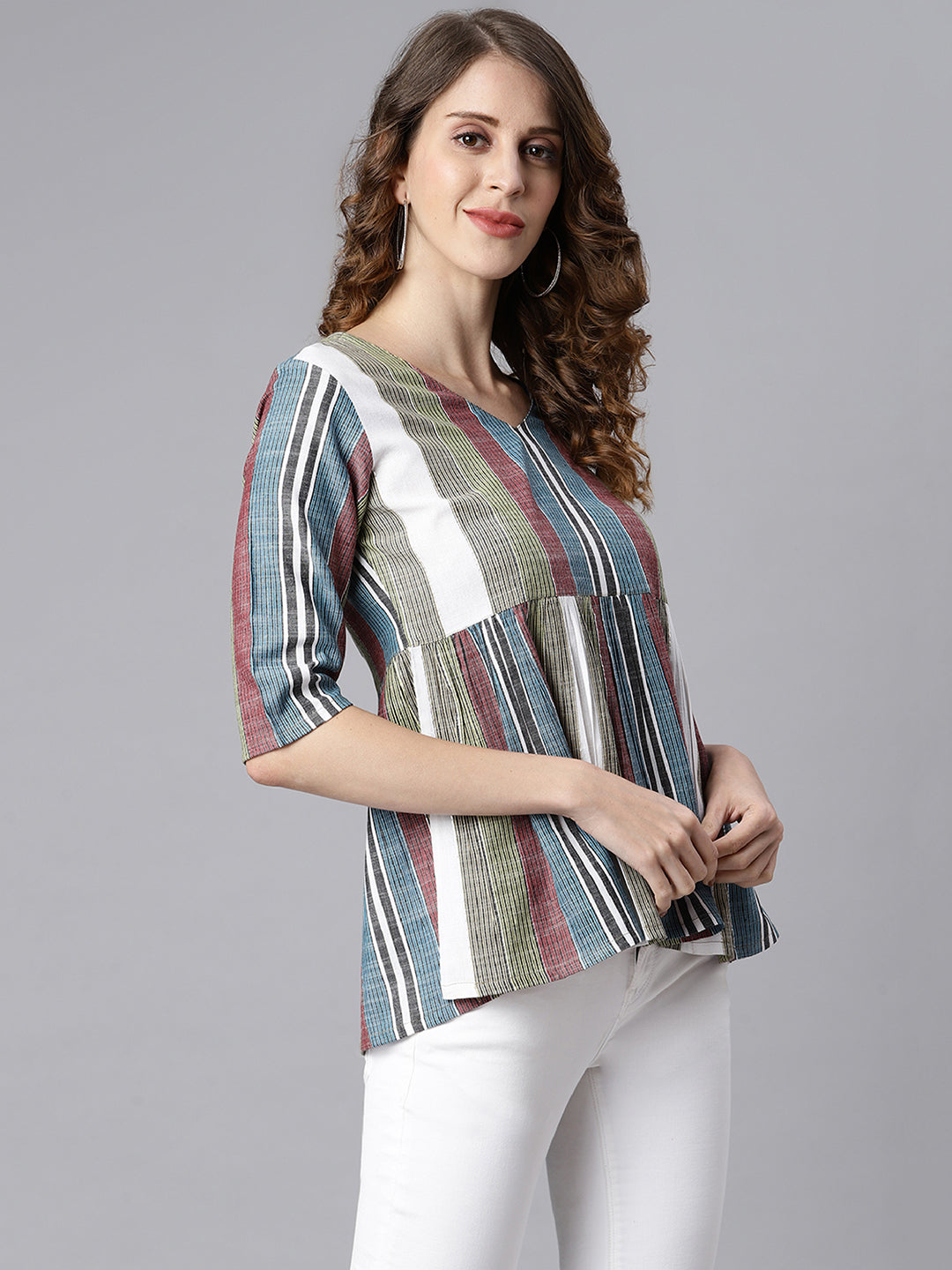 Janasya Women's Multicolor Cotton Striped Gathered Top | Grocsy