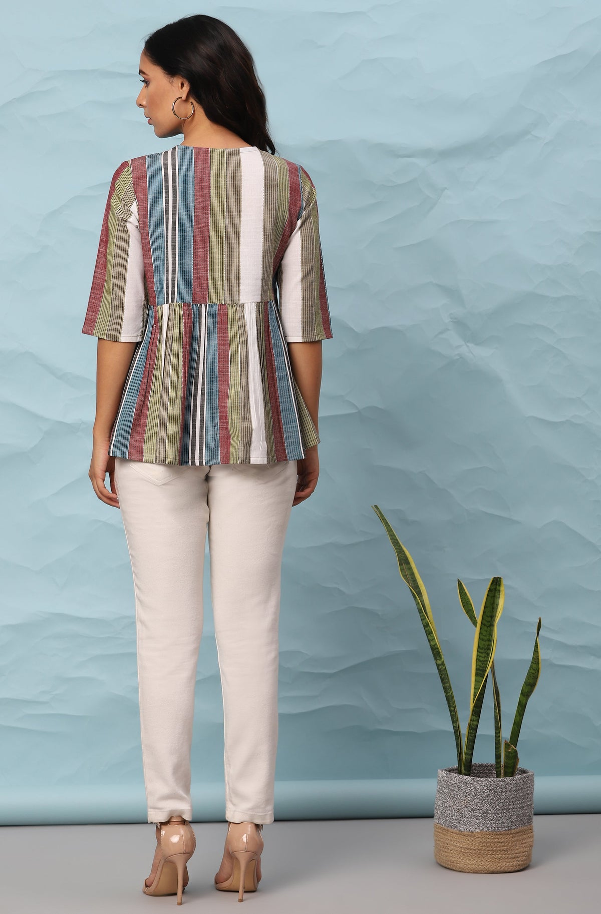Janasya Women's Multicolor Cotton Striped Gathered Top | Grocsy