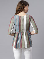 Janasya Women's Multicolor Cotton Striped Gathered Top | Grocsy