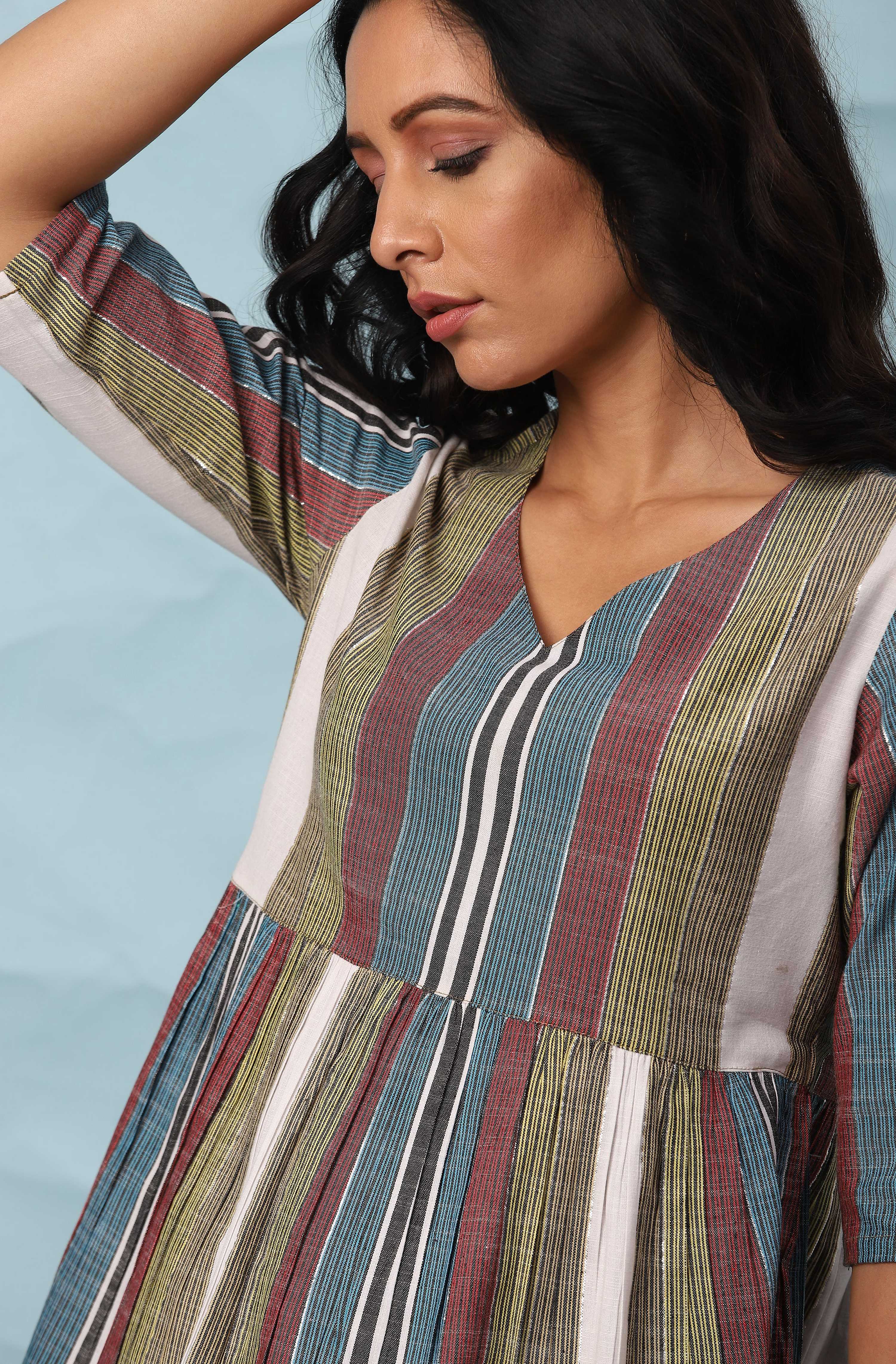 Janasya Women's Multicolor Cotton Striped Gathered Top | Grocsy