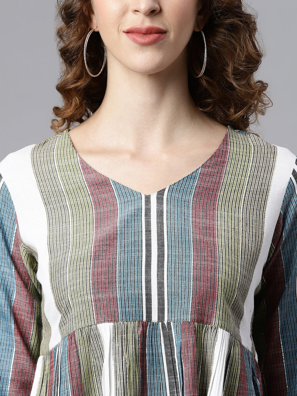 Janasya Women's Multicolor Cotton Striped Gathered Top | Grocsy