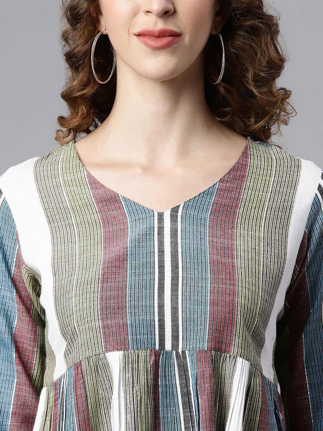 Janasya Women's Multicolor Cotton Striped Gathered Top | Grocsy