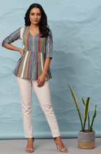 Janasya Women's Multicolor Cotton Striped Gathered Top | Grocsy
