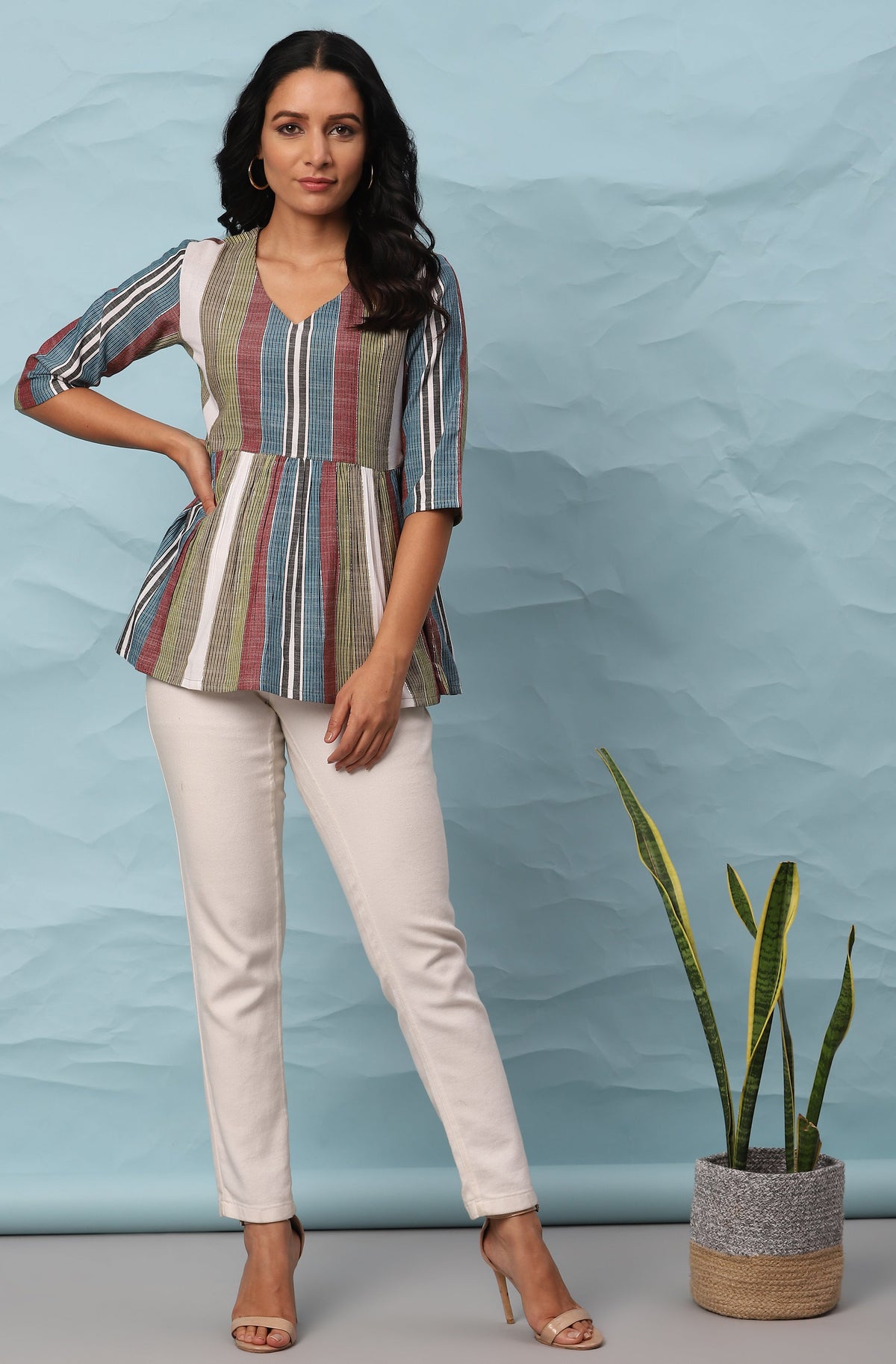 Janasya Women's Multicolor Cotton Striped Gathered Top | Grocsy