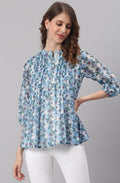 Janasya Women's Blue Poly Georgette Floral Print Pleated Top | Grocsy