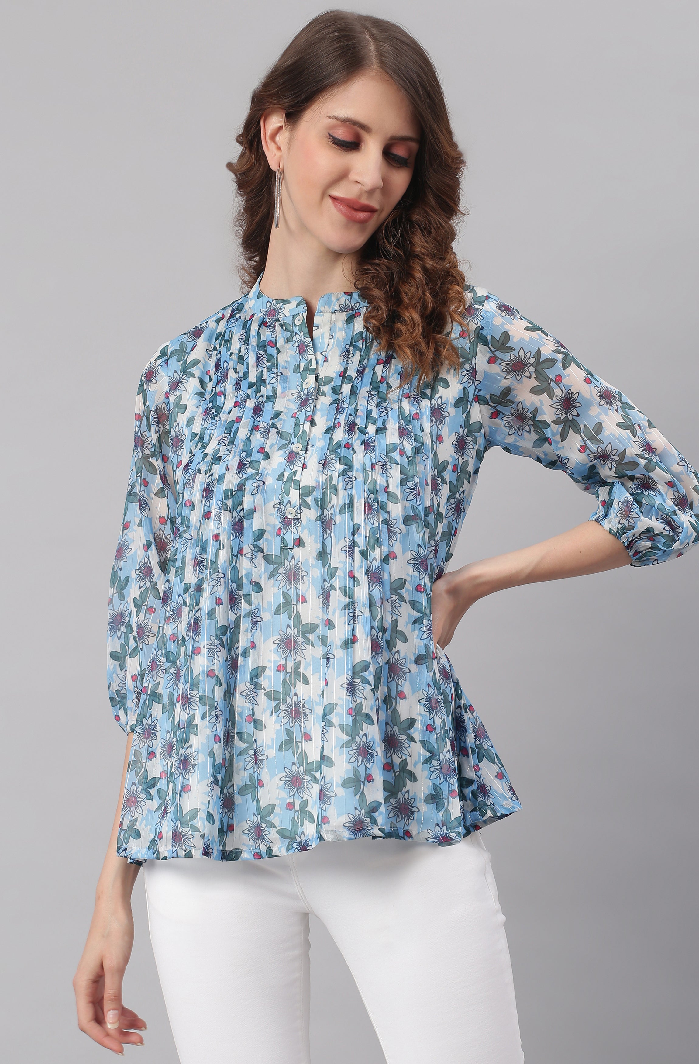 Janasya Women's Blue Poly Georgette Floral Print Pleated Top | Grocsy