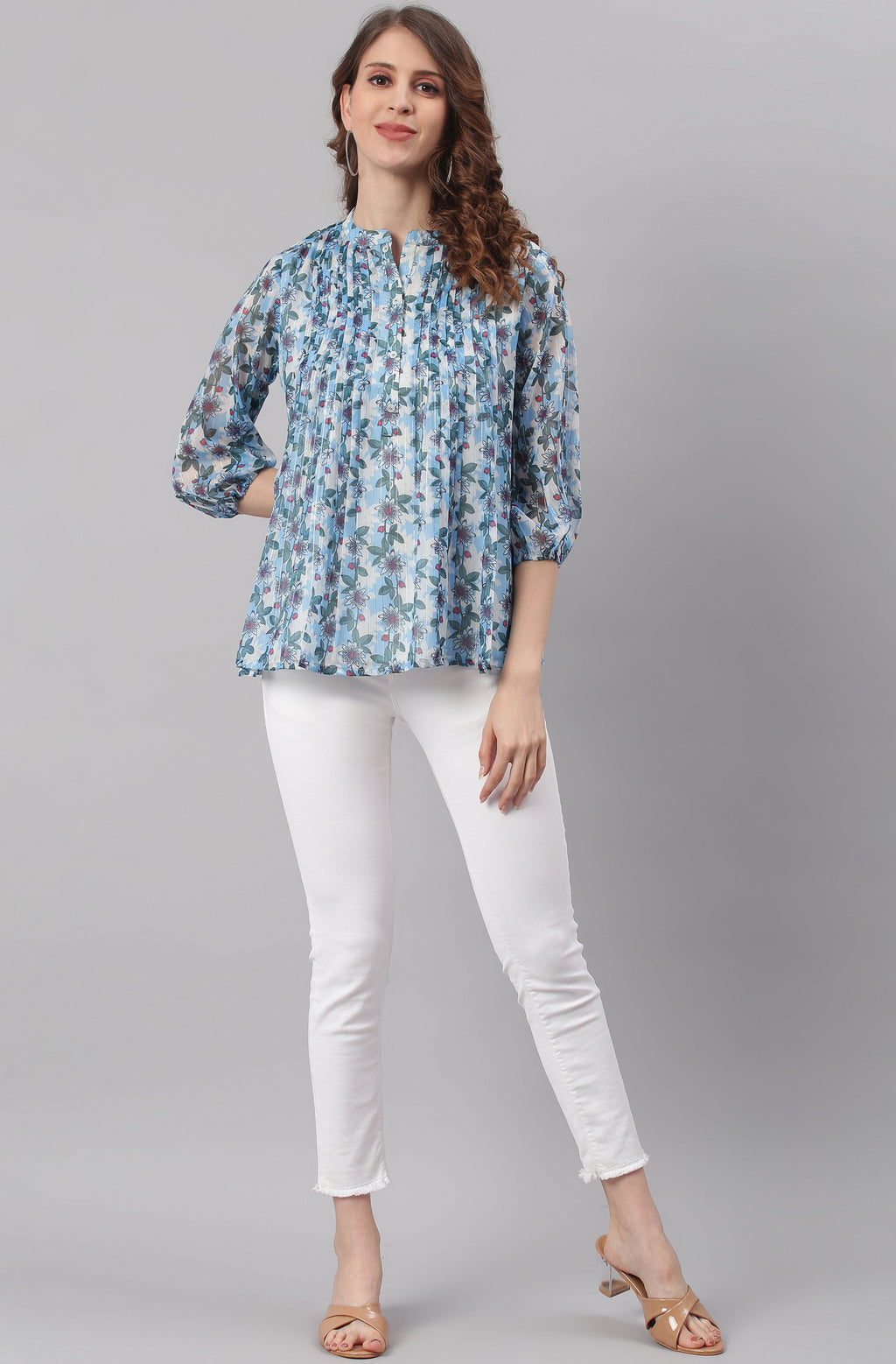 Janasya Women's Blue Poly Georgette Floral Print Pleated Top | Grocsy