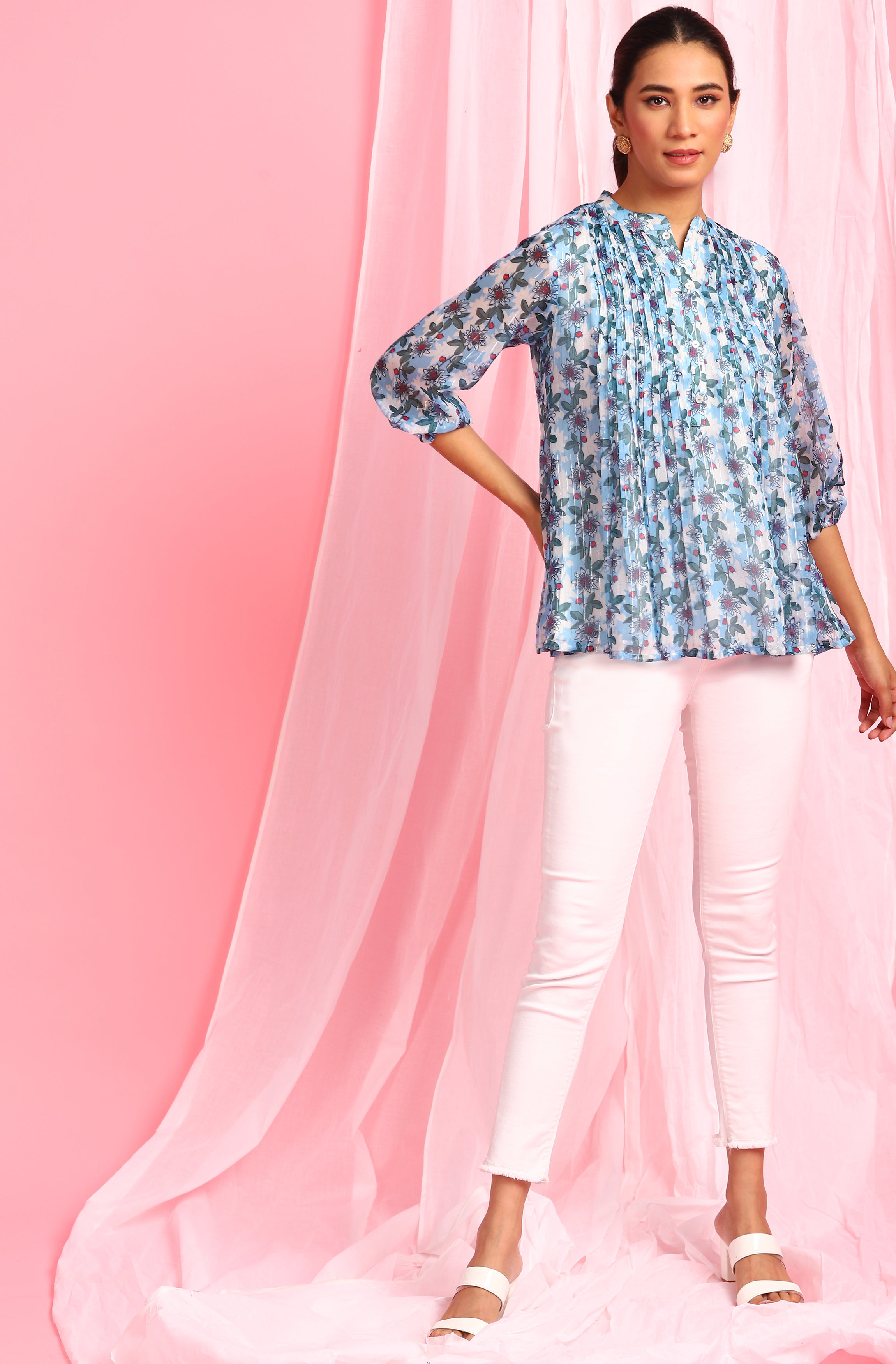 Janasya Women's Blue Poly Georgette Floral Print Pleated Top | Grocsy
