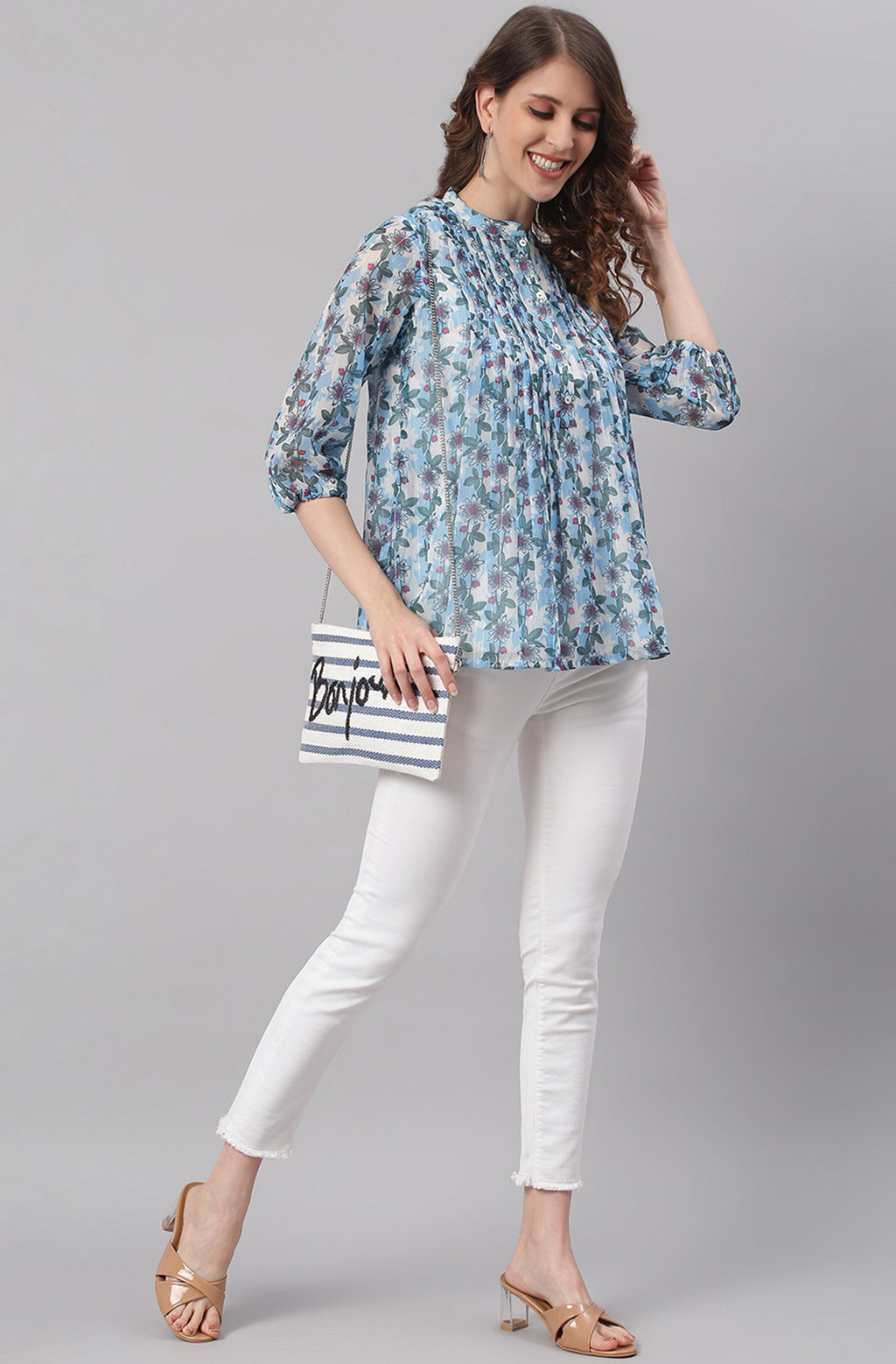 Janasya Women's Blue Poly Georgette Floral Print Pleated Top | Grocsy