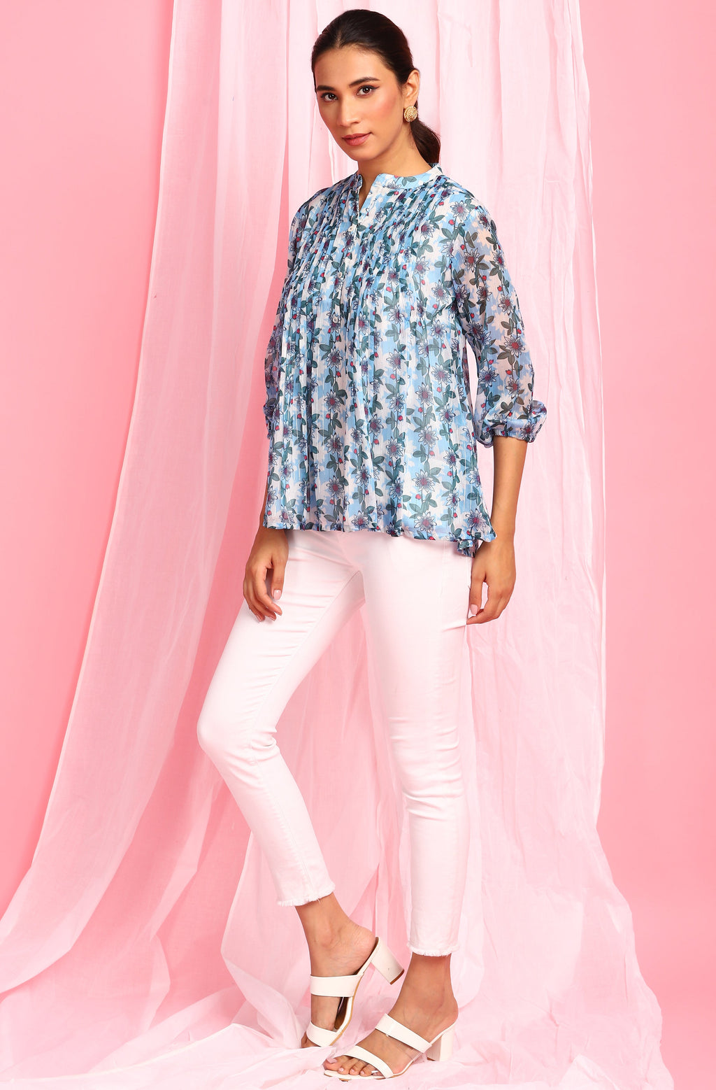 Janasya Women's Blue Poly Georgette Floral Print Pleated Top | Grocsy