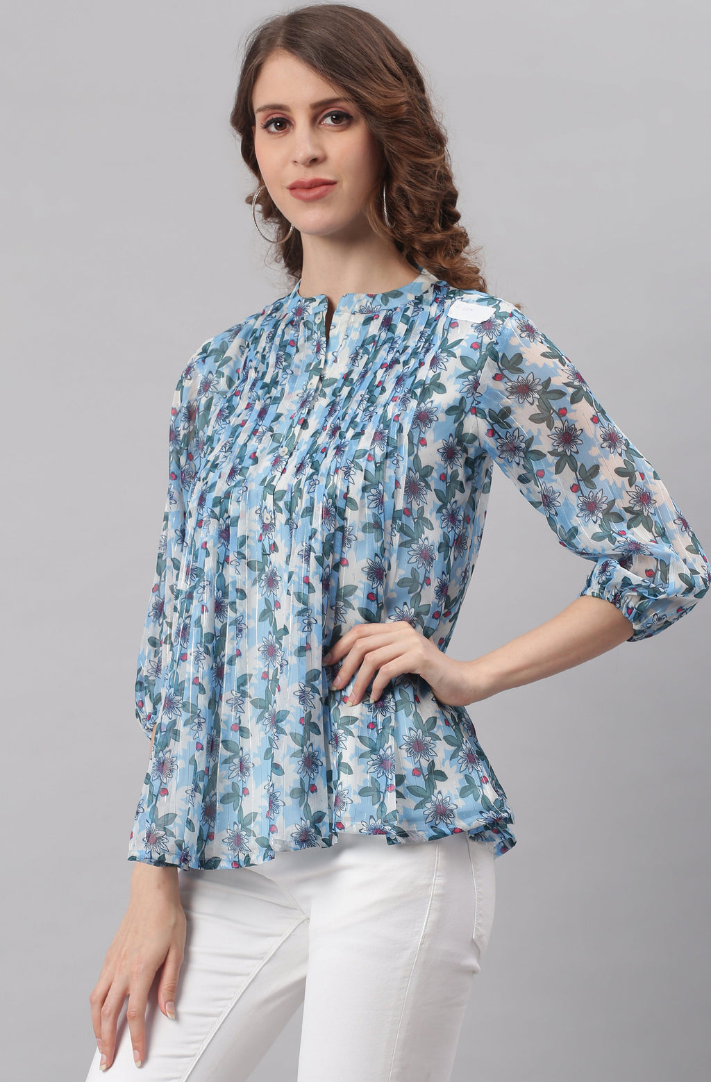 Janasya Women's Blue Poly Georgette Floral Print Pleated Top | Grocsy