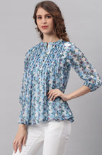 Janasya Women's Blue Poly Georgette Floral Print Pleated Top | Grocsy