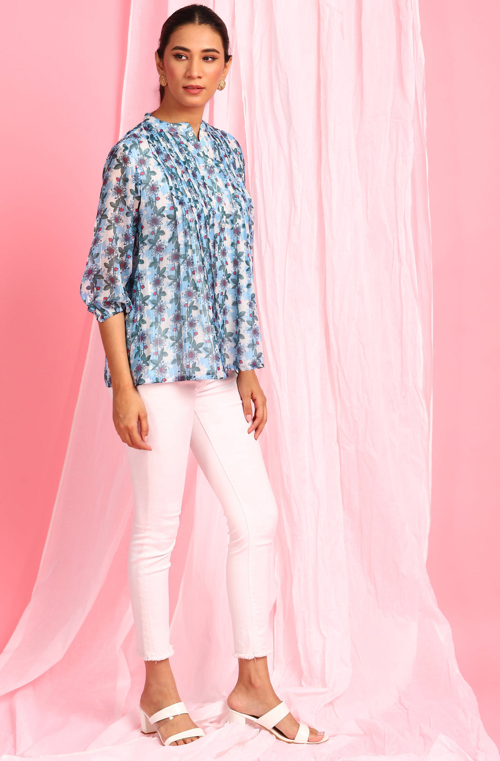 Janasya Women's Blue Poly Georgette Floral Print Pleated Top | Grocsy