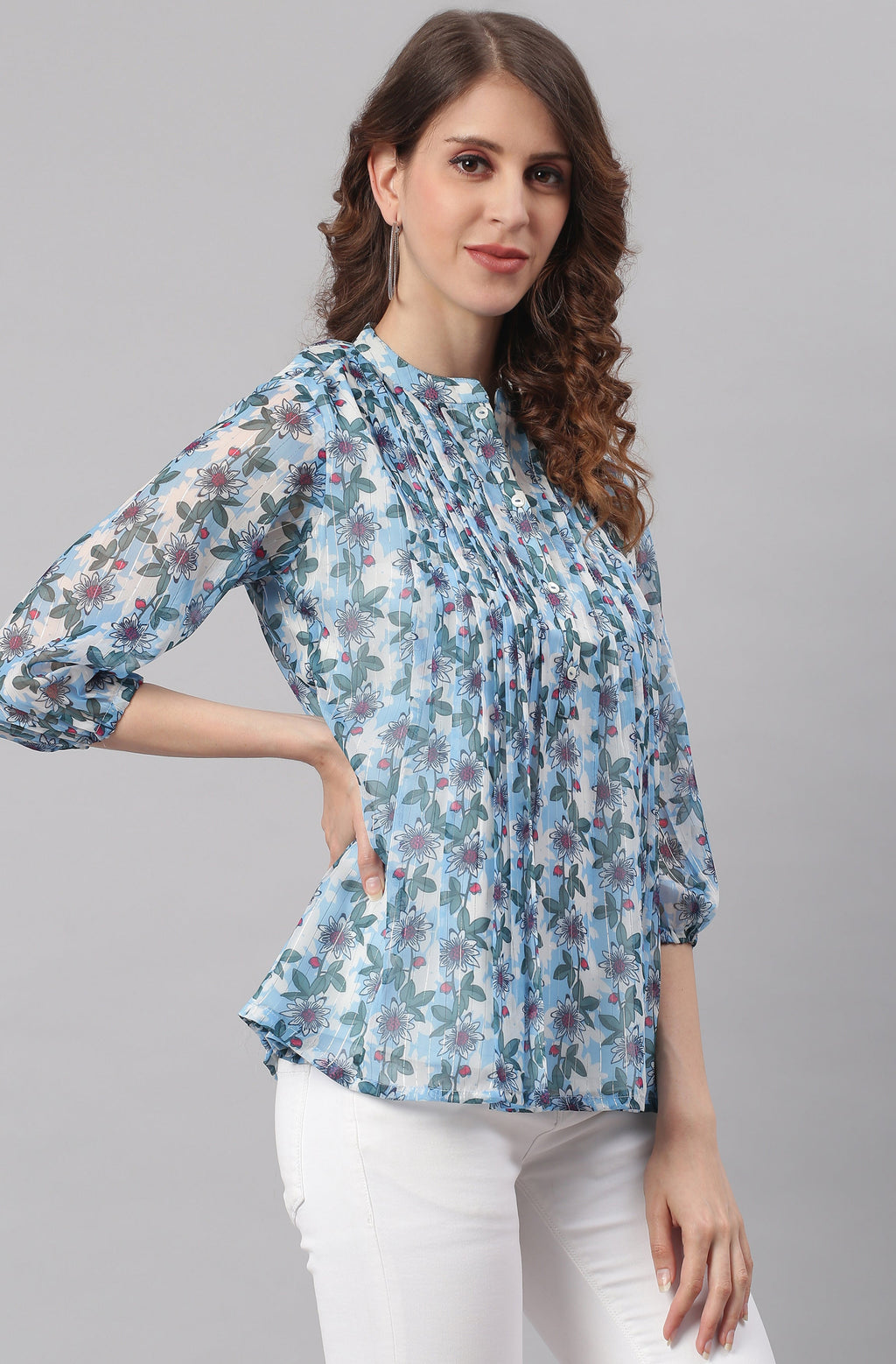 Janasya Women's Blue Poly Georgette Floral Print Pleated Top | Grocsy