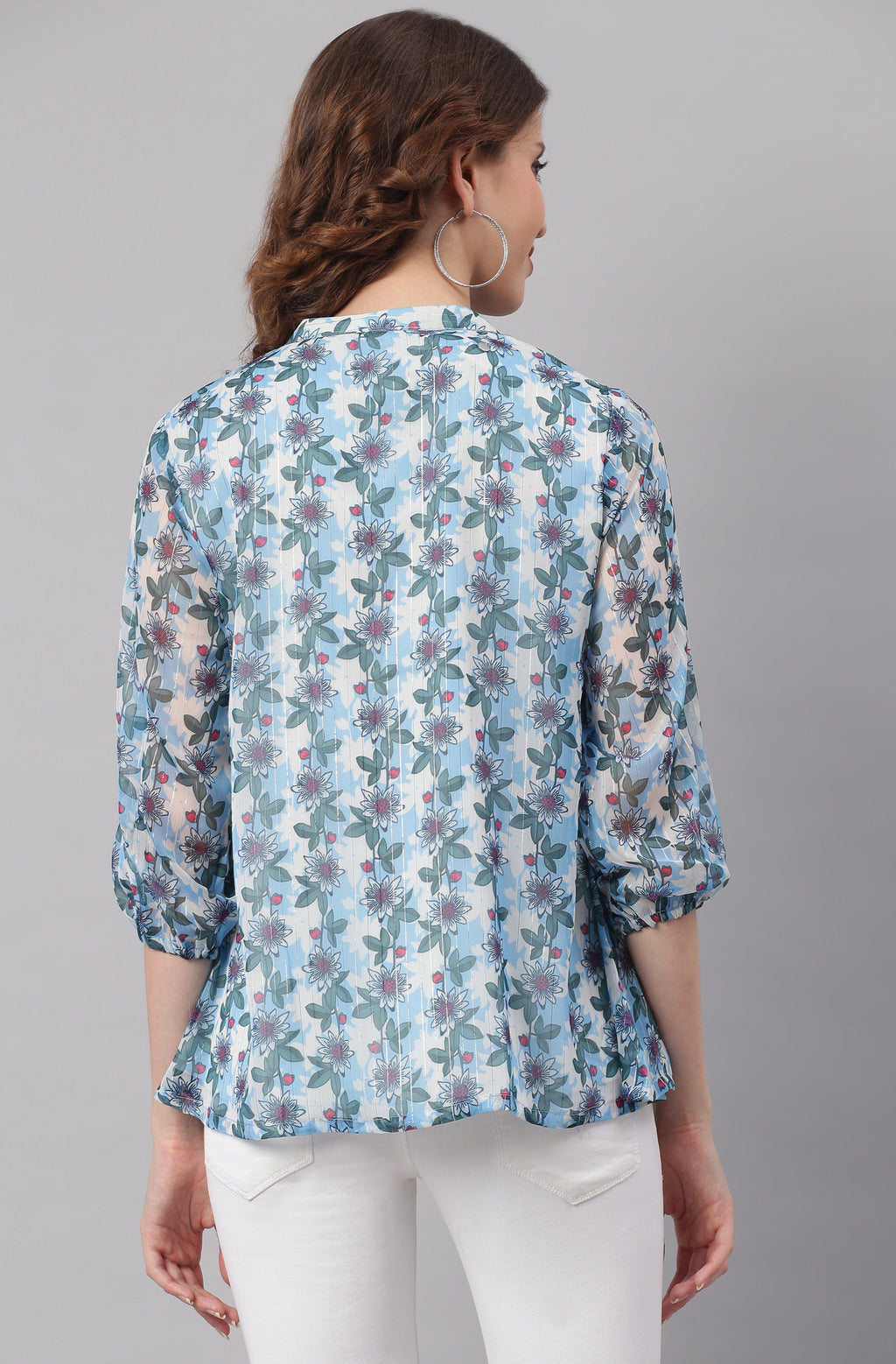 Janasya Women's Blue Poly Georgette Floral Print Pleated Top | Grocsy