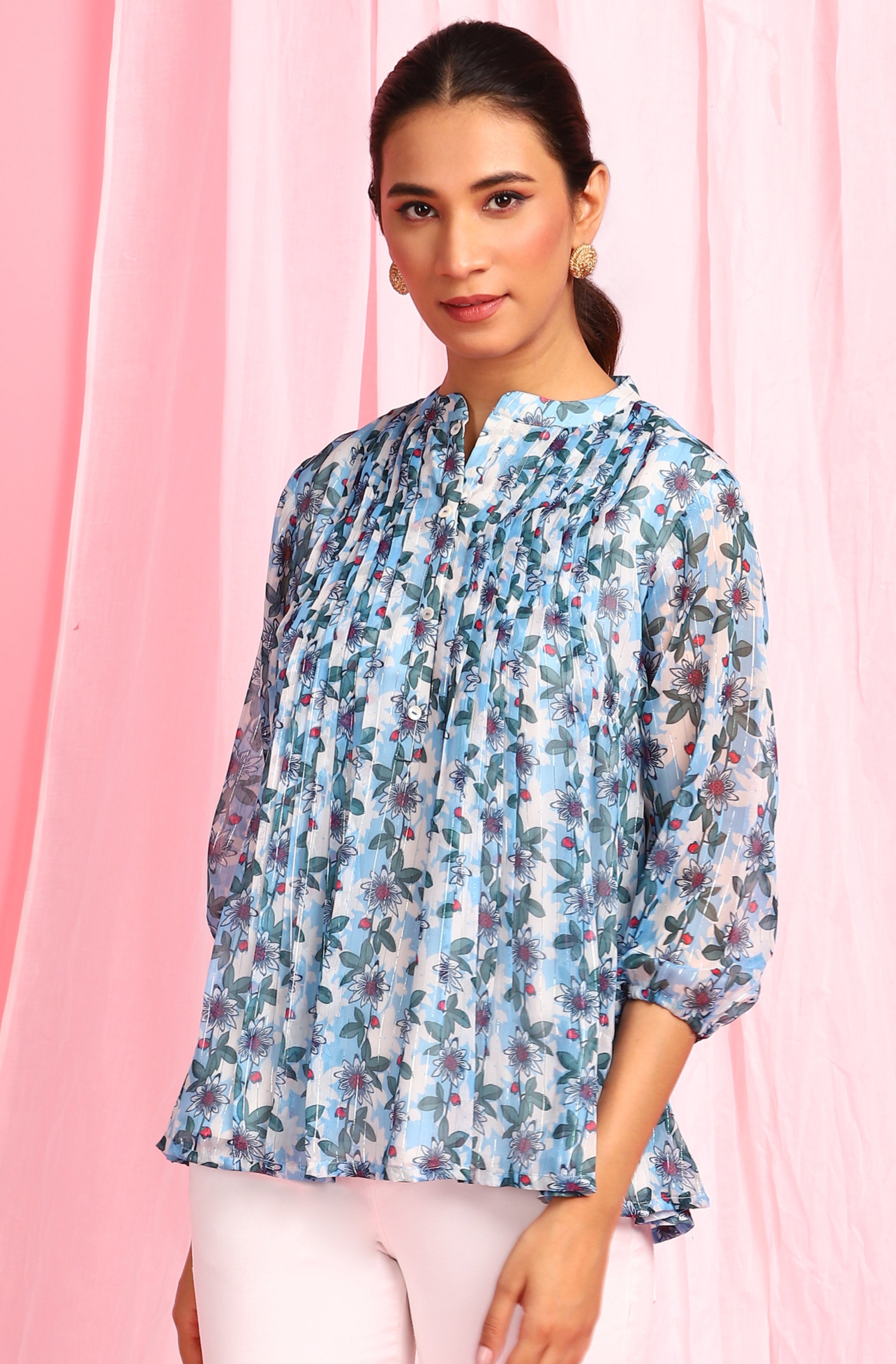 Janasya Women's Blue Poly Georgette Floral Print Pleated Top | Grocsy