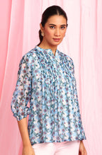 Janasya Women's Blue Poly Georgette Floral Print Pleated Top | Grocsy