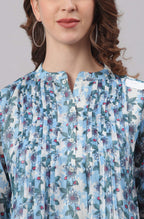 Janasya Women's Blue Poly Georgette Floral Print Pleated Top | Grocsy