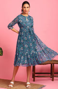 Janasya Blue Poly Georgette Floral Flared Western Dress | Grocsy