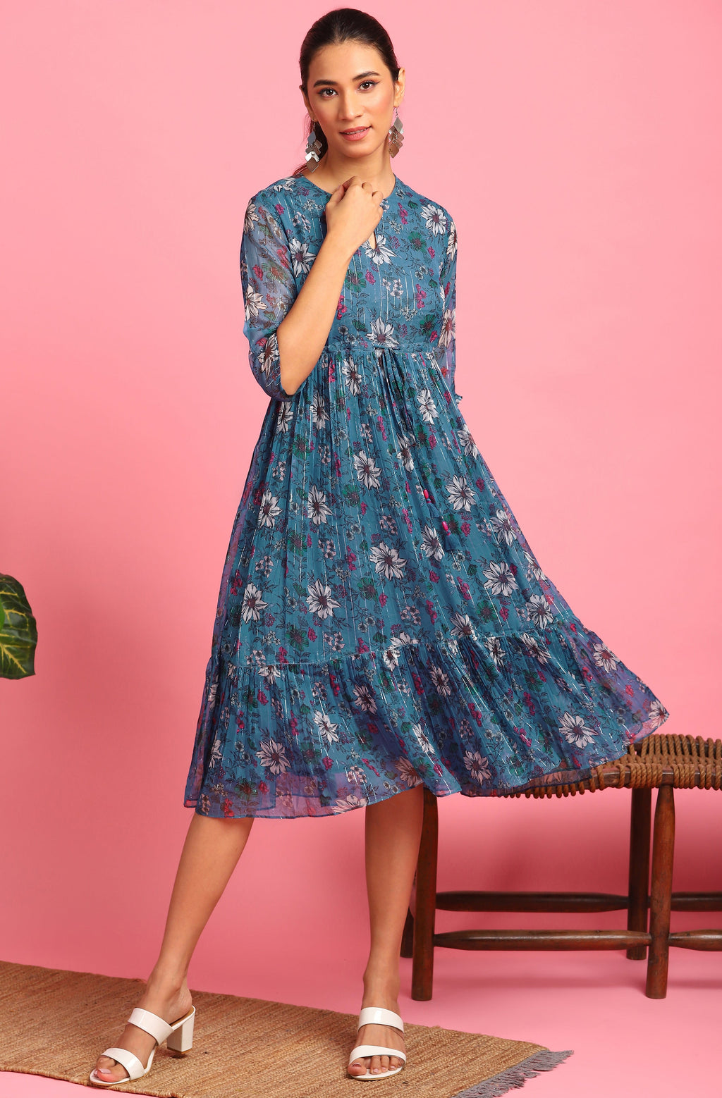 Janasya Blue Poly Georgette Floral Flared Western Dress | Grocsy