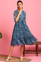 Janasya Blue Poly Georgette Floral Flared Western Dress | Grocsy