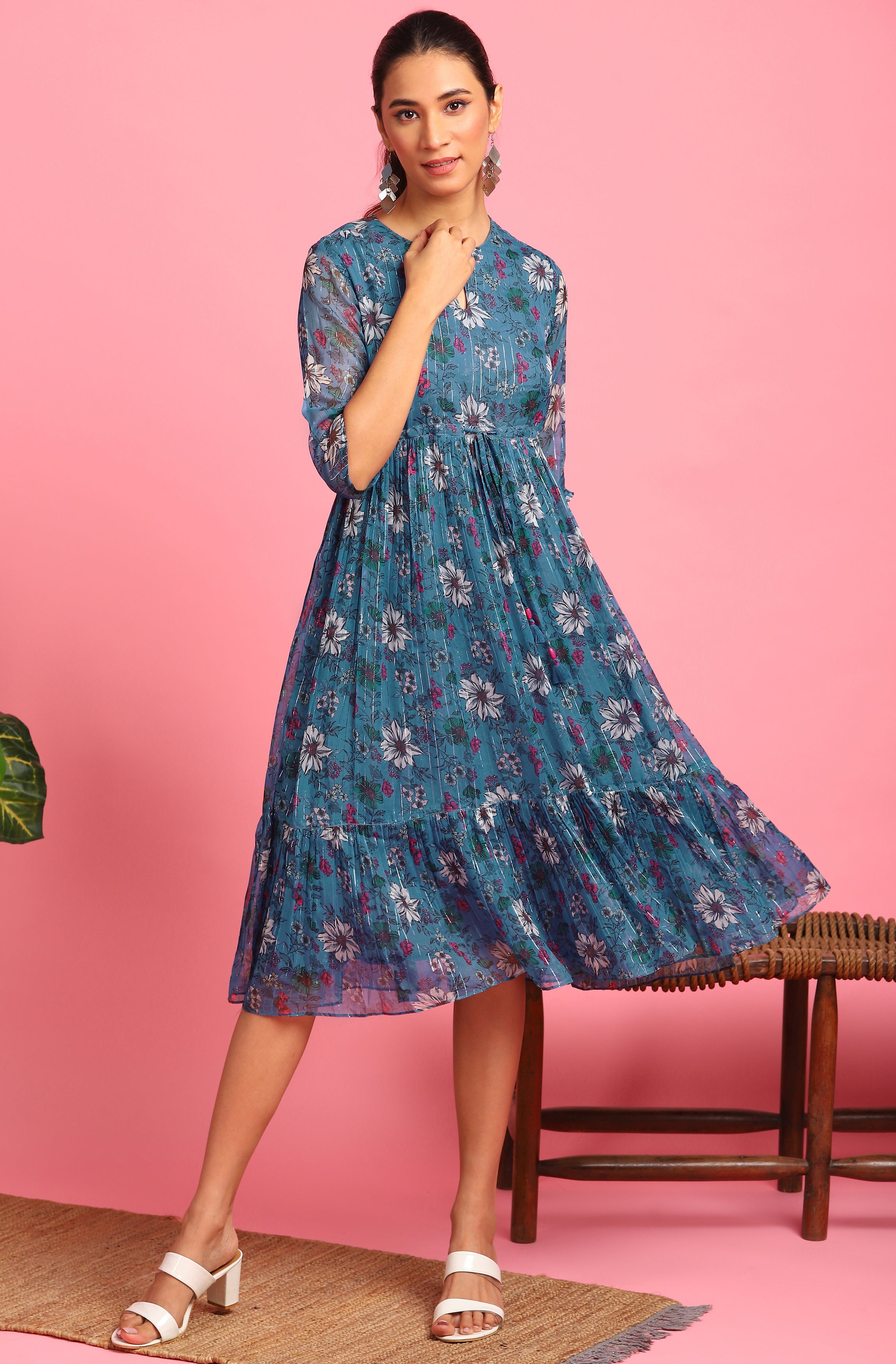 Janasya Blue Poly Georgette Floral Flared Western Dress | Grocsy