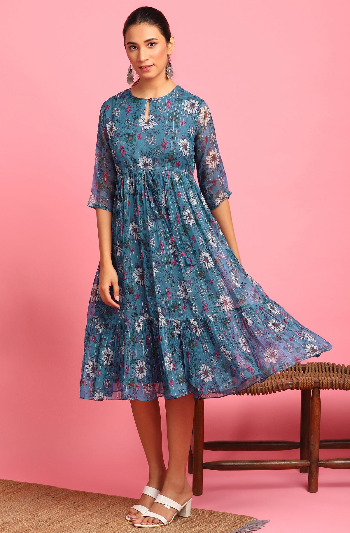 Janasya Blue Poly Georgette Floral Flared Western Dress | Grocsy
