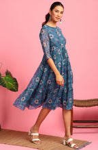 Janasya Blue Poly Georgette Floral Flared Western Dress | Grocsy