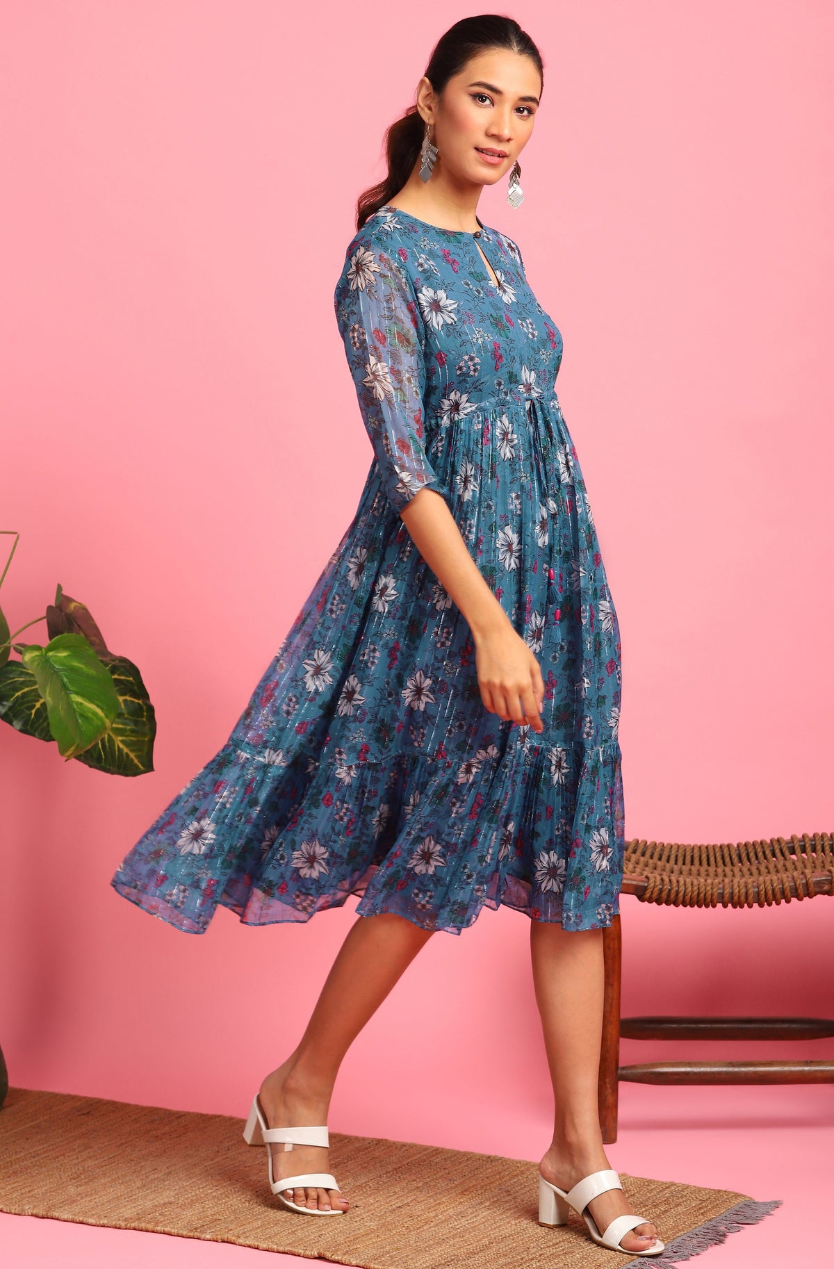 Janasya Blue Poly Georgette Floral Flared Western Dress | Grocsy