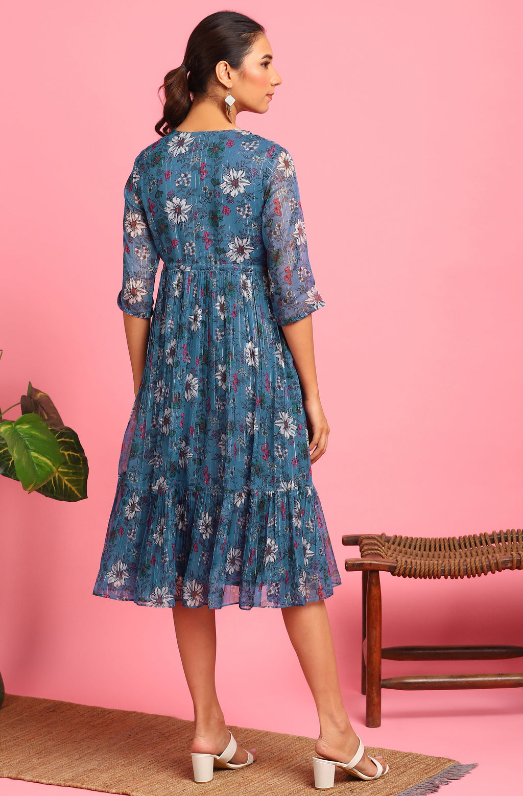 Janasya Blue Poly Georgette Floral Flared Western Dress | Grocsy