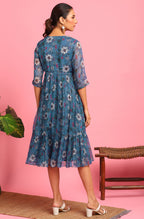 Janasya Blue Poly Georgette Floral Flared Western Dress | Grocsy